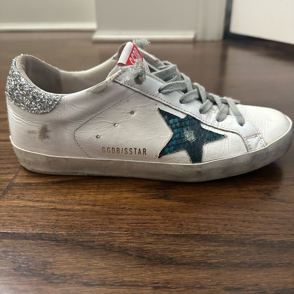 Golden Goose White Sneakers with greenish blue Star and Silver Glitter